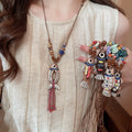 Retro Ethnic Ceramic Wood Bead Koi Fish Starfish Pendant Sweater Necklace view 2