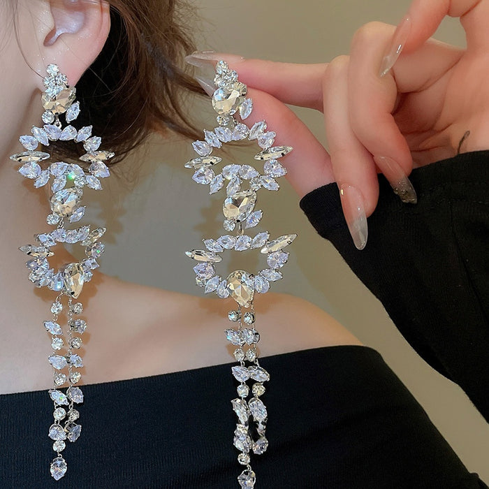 Light Luxury Irregular Teardrop Zircon Tassel Drop Earrings With Silver Posts For Women