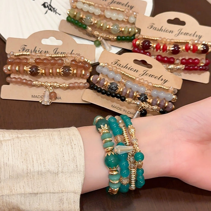 New Chinese Style Glass Crystal Geometric Round Beaded Bracelet Four Piece Women's Jewelry
