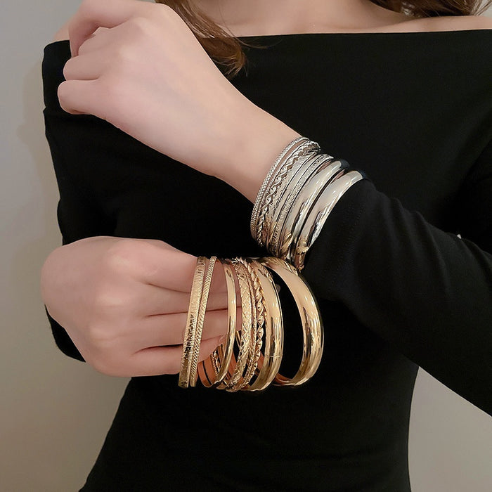 European American Glossy Textured Metal Bangle 8 Piece Fashion Versatile Round Bracelet For Women