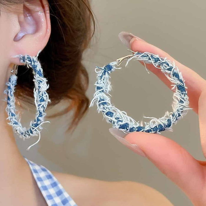 Denim Fabric C Shape Hoop Earrings With Silver Pins Geometric Minimalist Fashion Design