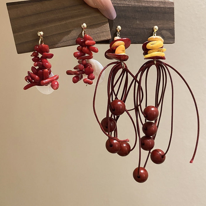 Silver Needle Acrylic Shell Coral Round Bead Tassel Drop Earrings For Beach Vacation Style Women