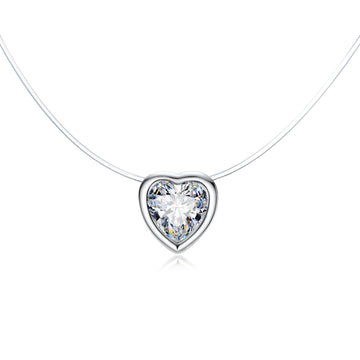 Silver Tone Bezel Heart Crystal Invisible-Line Pendant Necklace
