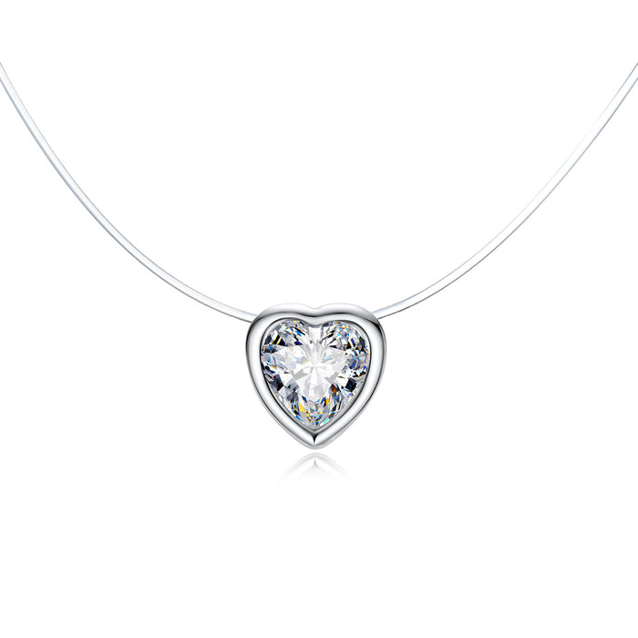 Silver Tone Bezel Heart Crystal Invisible-Line Pendant Necklace