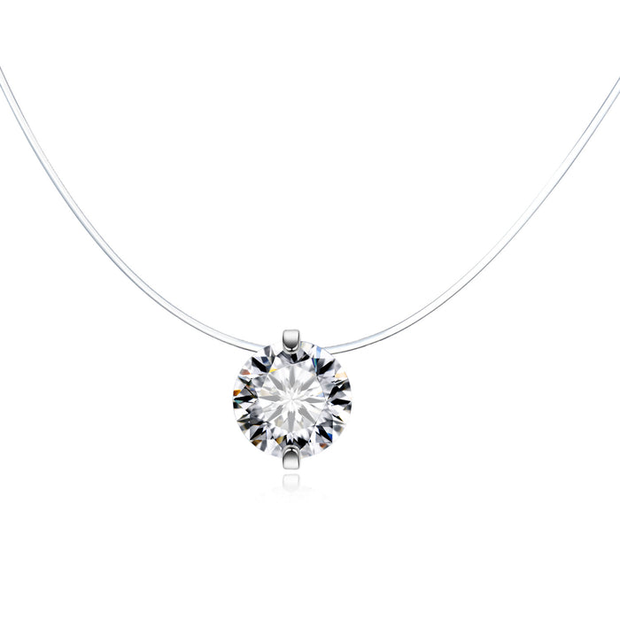 Clear Round Crystal Invisible-Line Necklace with Silver Tone Setting
