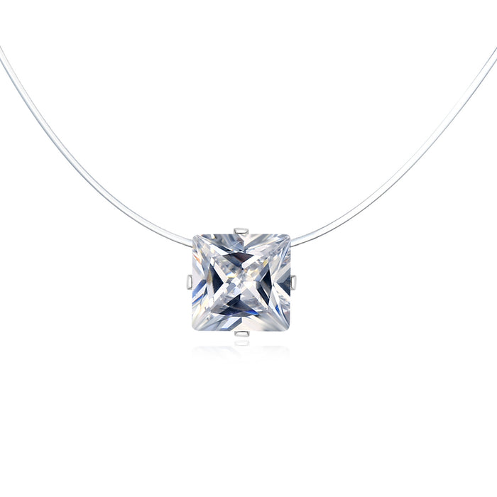 Clear Square Crystal Invisible-Line Necklace with Four-Prong Setting