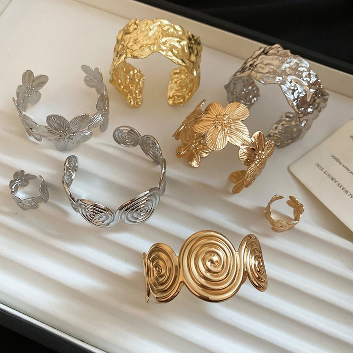 European American Metal Wrinkle Texture Spiral Flower Open Bangle Fashion Niche Design