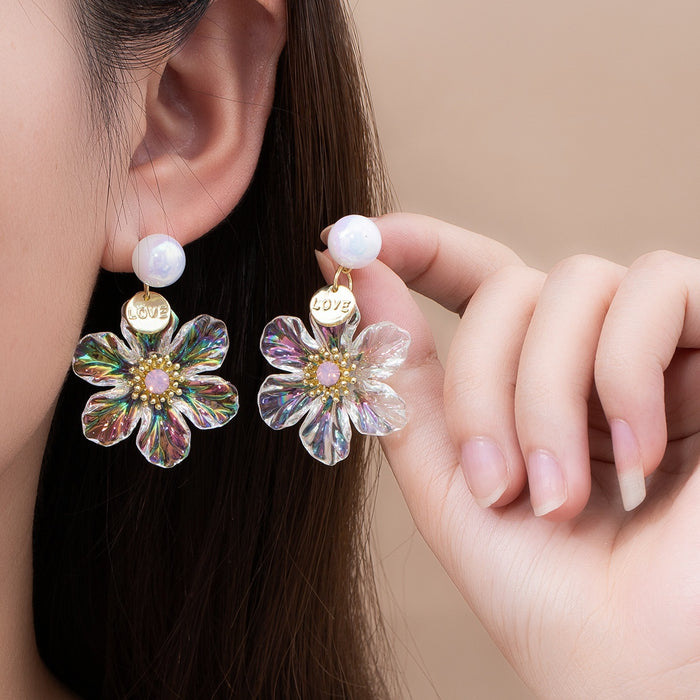 Elegant Summer Iridescent Resin Flower Drop With Pearl Studs And Alloy Love Charm Earrings