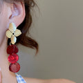 Vintage Floral Round Acrylic Tassel Drop Earrings With Silver Needle Studs view 3
