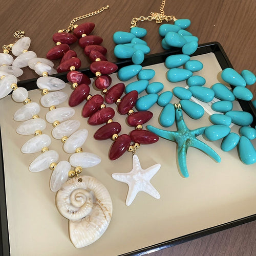 Acrylic Teardrop Bead Starfish Conch Necklace Bracelet Jewelry Set Vacation Style Collarbone Accessory