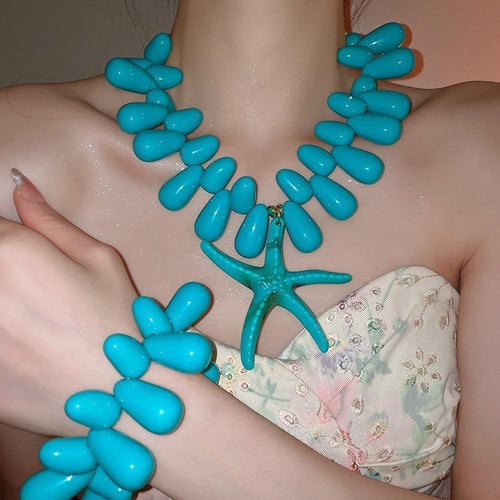 Acrylic Teardrop Bead Starfish Conch Necklace Bracelet Jewelry Set Vacation Style Collarbone Accessory