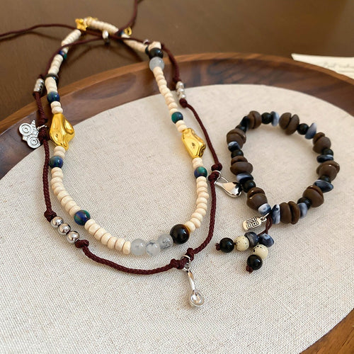 Vintage Ethnic Acrylic Coffee Bean Beaded Necklace And Bracelet Jewelry Set For Women
