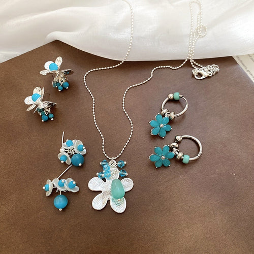 Copper Pearl Flower Cat Eye Stone Tassel Earrings Necklace Jewelry Set Fresh Collarbone Chain