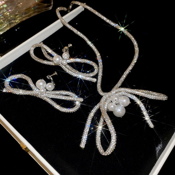 Light Luxury Faux Pearl Bow Rhinestone Pendant Necklace Ear Clip Jewelry Set For Women