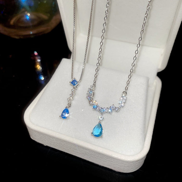 Sparkling Copper Zircon Teardrop Pendant Necklace With Minimalist Light Luxury Collarbone Chain