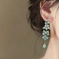 Light Luxury Copper Zircon Leaf Tassel Teardrop Drop Earrings With Silver Posts For Women view 3