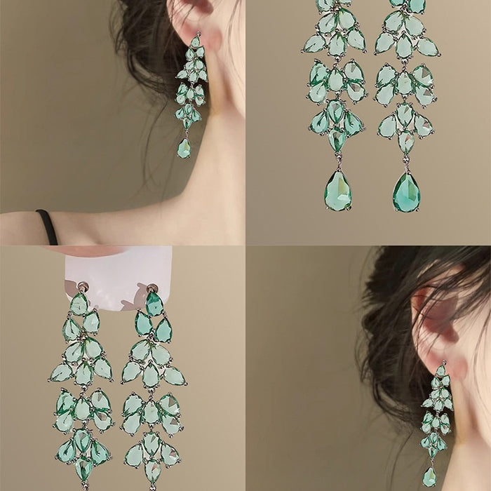 Light Luxury Copper Zircon Leaf Tassel Teardrop Drop Earrings With Silver Posts For Women