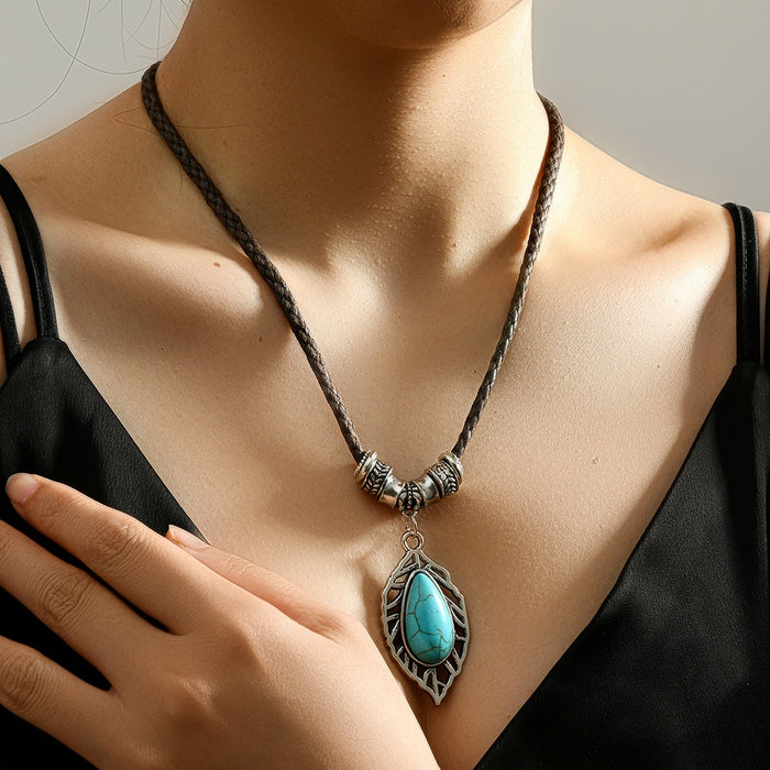 Bohemian Ethnic Hollow Leaf Turquoise Pendant Necklace Simple Fashion Necklace For Women