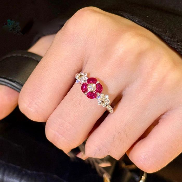 Copper Zircon Geometric Flower Open Ring Vintage Court Style Light Luxury Women's Jewelry