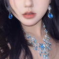 Light Luxury Alloy Zircon Hollow Flower Teardrop Tassel Drop Earrings Necklace Jewelry Set view 3