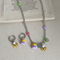 Light Luxury Faux Pearl Crystal Beaded Flower Enamel Bee Pendant Necklace Ear Cuff Jewelry Set view 1