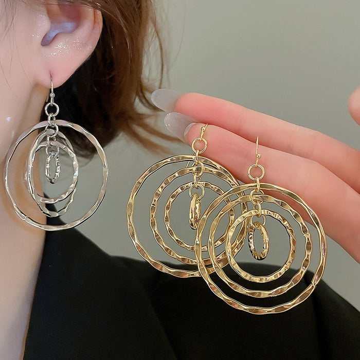 Court Style Metal Threaded Hollow Geometric Round Layered Drop Earrings For Women