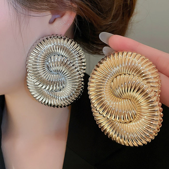 Metal Geometric Round Textured Pendant Drop Earrings, Western Style Statement Stud Design