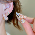 Faux Pearl Floral Rhinestone Silver Pin Drop Earrings Light Luxury Elegant Jewelry view 2