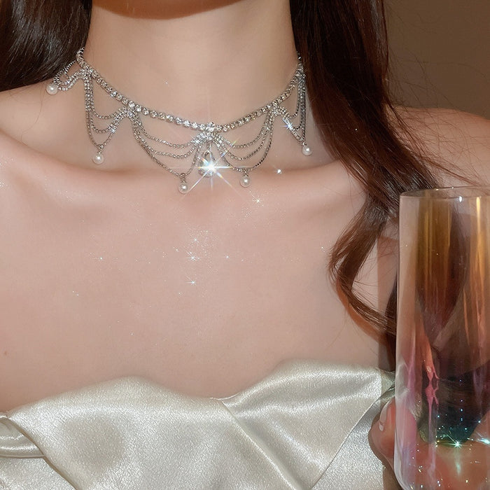 French Elegant Faux Pearl Rhinestone Lace Tassel Teardrop Pendant Necklace