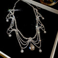 French Elegant Faux Pearl Rhinestone Lace Tassel Teardrop Pendant Necklace view 2