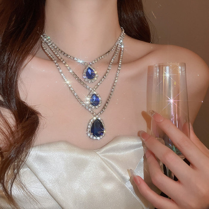 Sparkling Rhinestone Three Layer Teardrop Pendant Copper Necklace For Elegant Court Style Women