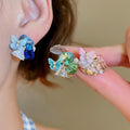 18K Gold Plated Silver Post Crystal Butterfly Pearl Flower Cluster Stud Earrings Light Luxury Fresh Style view 2