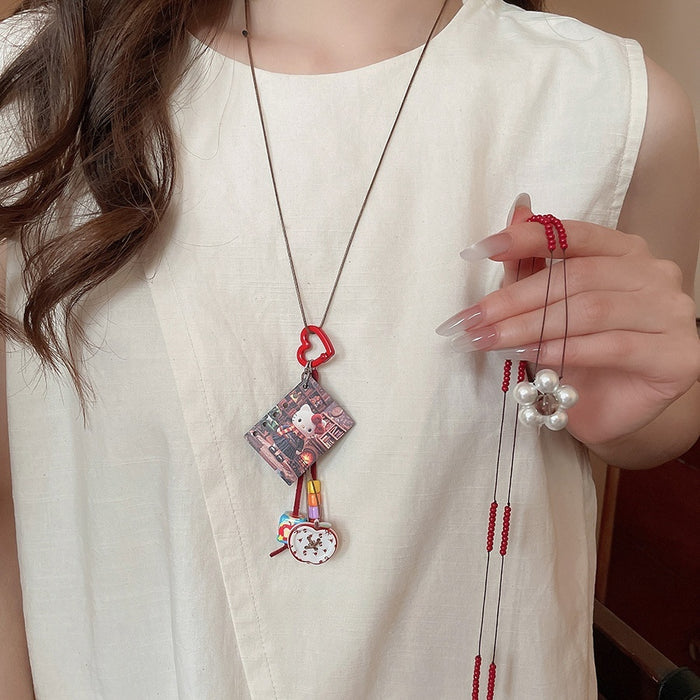 Vacation Style Alloy Cat Flower Apple Pendant Sweater Necklace With Resin Cord For Women