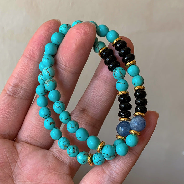 New Chinese Style Geometric Round Beaded Bangle With Blue Crystal, Turquoise And Black Agate