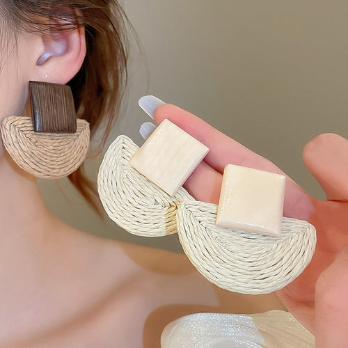 Raffia Wood Geometric Circle Drop Earrings With Silver Pin Resort Style For Women