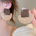 Raffia Wood Geometric Circle Drop Earrings With Silver Pin Resort Style For Women view 3