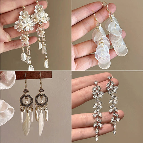 Sweet Acrylic Flower Chiffon Tassel Drop Earrings With Silver Needle Geometric Floral Design