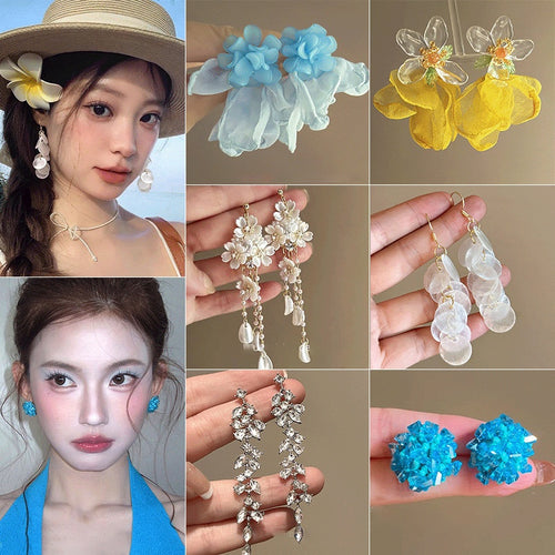 Sweet Acrylic Flower Chiffon Tassel Drop Earrings With Silver Needle Geometric Floral Design