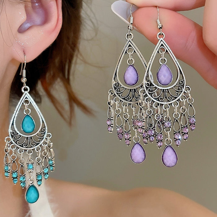 Alloy Rhinestone Geometric Round Teardrop Tassel Drop Earrings Vintage Ethnic Style