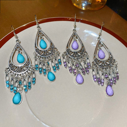Alloy Rhinestone Geometric Round Teardrop Tassel Drop Earrings Vintage Ethnic Style