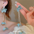 Silver Needle Zircon Crystal Ribbon Flower Tassel Drop Earrings Light Luxury Summer Style view 1