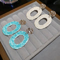 Chic Alloy Wrinkled Enamel Oval Hollow Pendant Drop Earrings With Silver Pins view 4