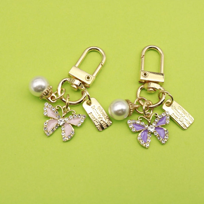 Zinc Alloy Cartoon Butterfly Letter Pearl Keychain Bag Charm Gift
