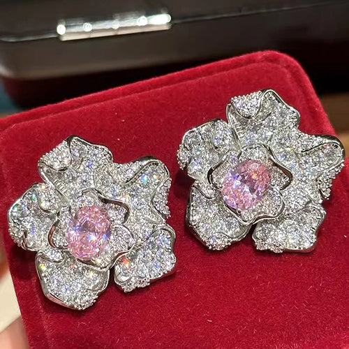 Light Luxury Women's Stud Earrings With Full Rhinestone Lily Flower And Geometric Design