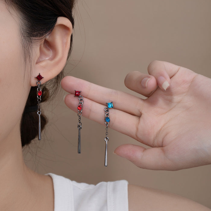Elegant Red Blue Square Rhinestone Alloy Chain Tassel Long Drop Stud Sweet Cool Earrings