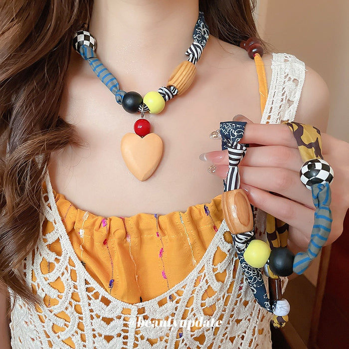 Printed Fabric Acrylic Wood Heart Pendant Necklace For Women, Sweet Cartoon Vacation Style