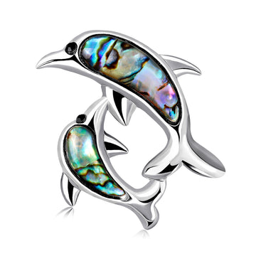 Abalone Look Dolphin Brooch Pin with Silver Tone Outline