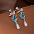 Luxury Rhinestone Bow Blue Crystal Teardrop Pearl Tassel Stud Drop Earrings for Women Earrings view 2