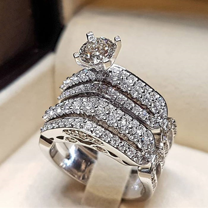 Two Piece Stackable Wedding Ring Set For Women, Micro Pave Zircon Four Prong Couple Rings