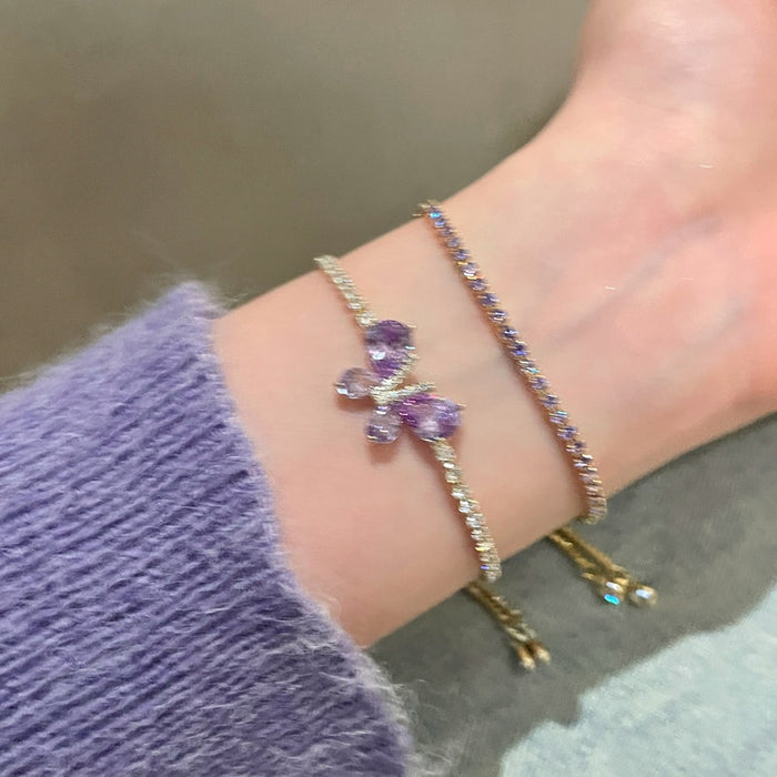 Purple Crystal Zircon Butterfly Adjustable Copper Bangle Light Luxury Stackable Bracelet For Women